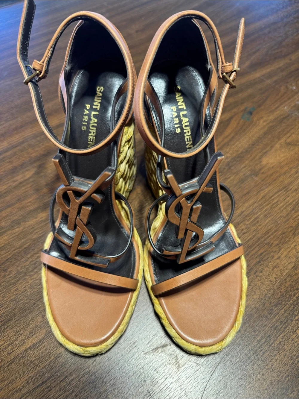 Saint Laurent Brown Leather Wedge Sandals with YSL Monogram
